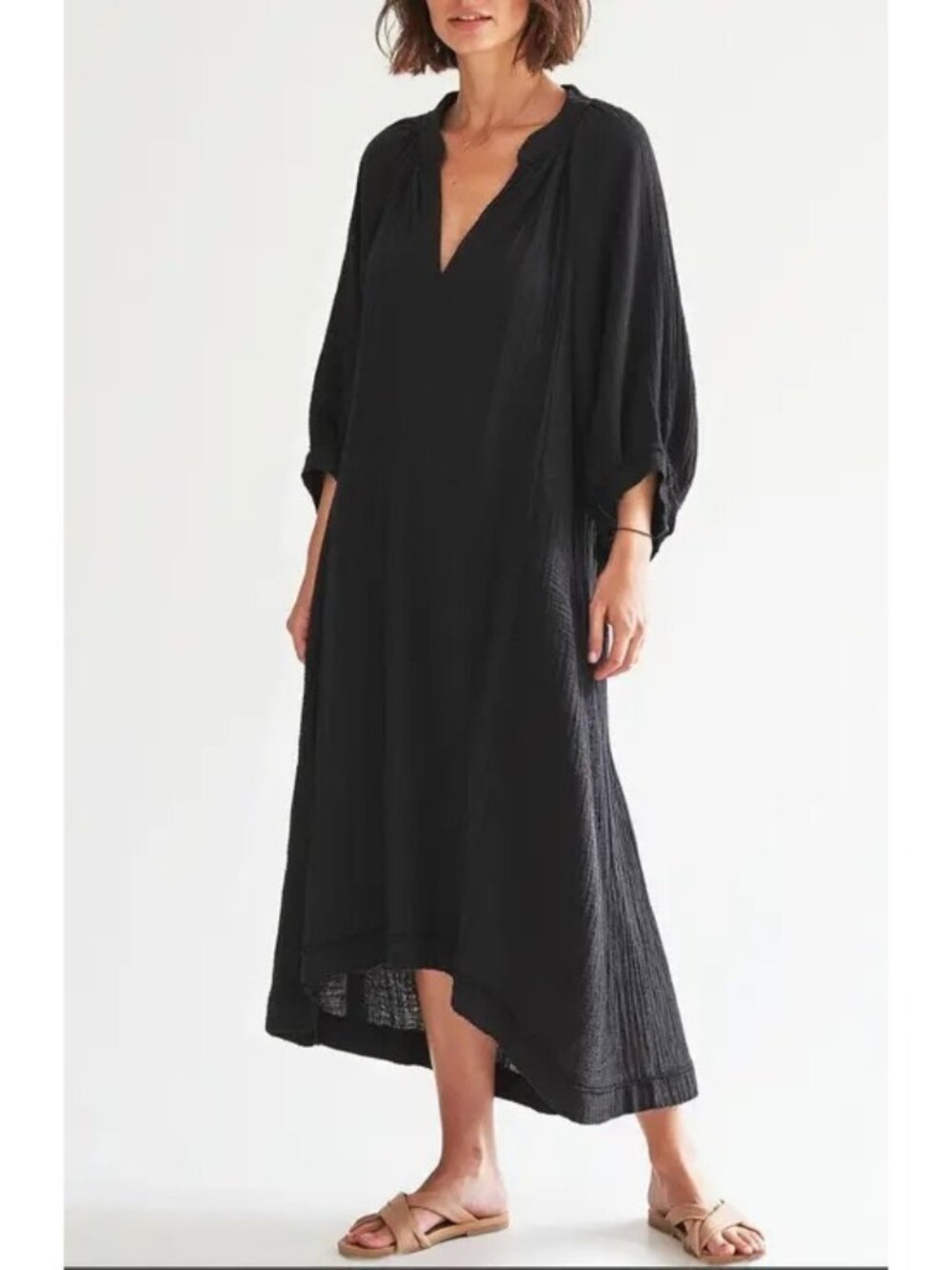 ocean+main Black Gauze Asymmetric Maxi Dress Pockets Vacation Nordstrom Size S/M